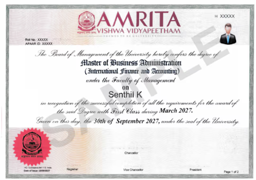 Sample Amrita Online Degree Certificate
